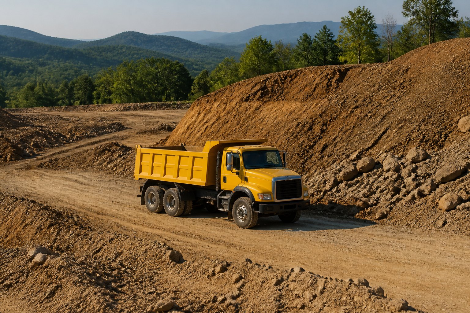 Dump truck hauling excavated earth on a Harlan County, Kentucky job site