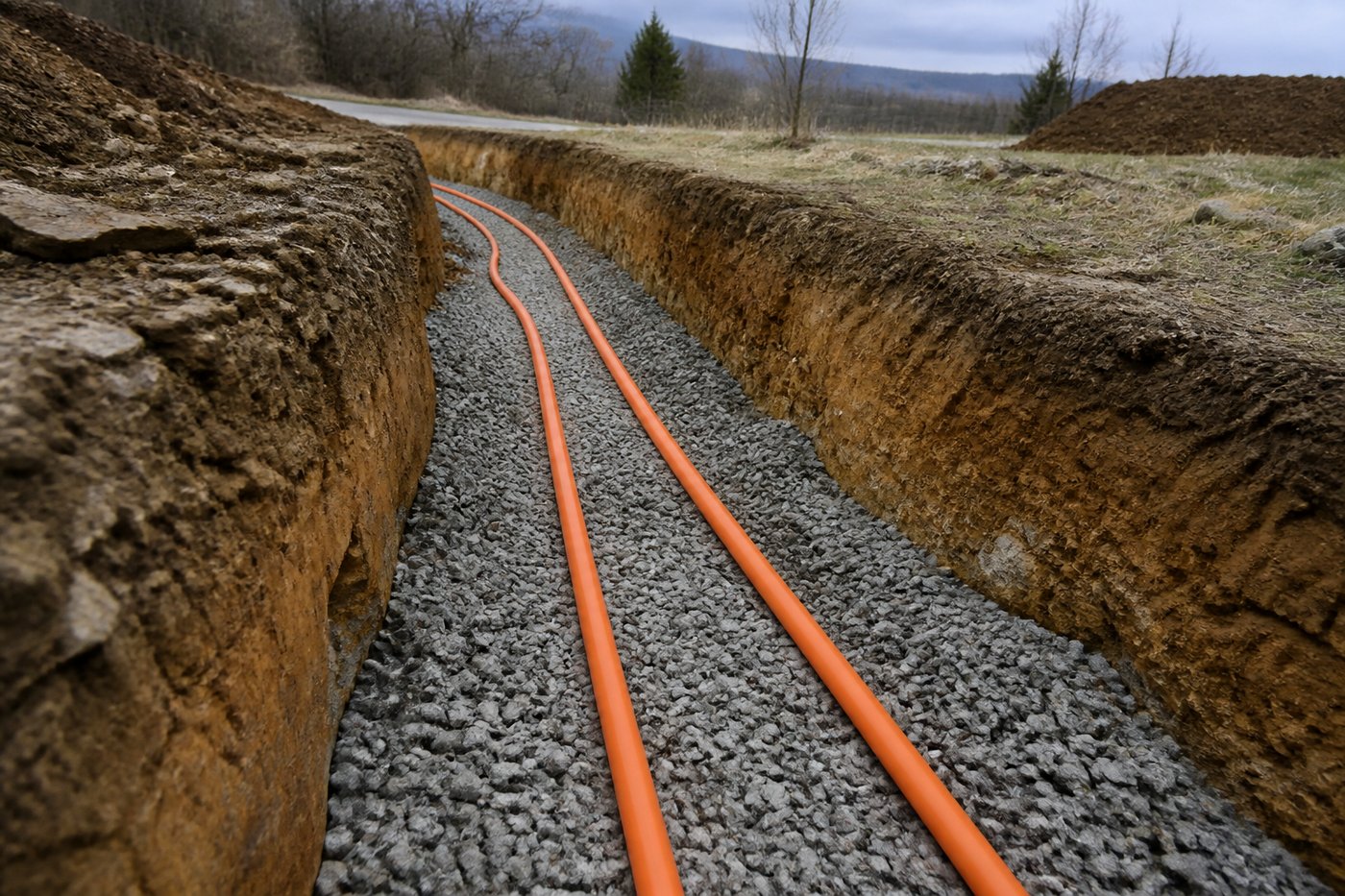 Underground utility excavation with conduit and gravel bedding in Harlan County, KY