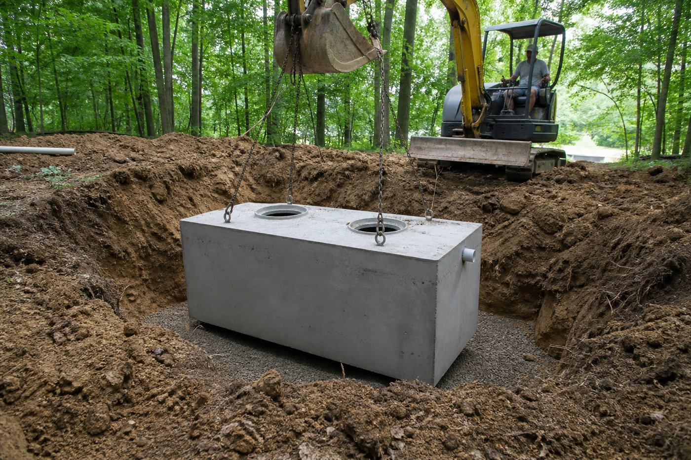 Septic tank excavation and installation on a wooded lot in Bledsoe, KY