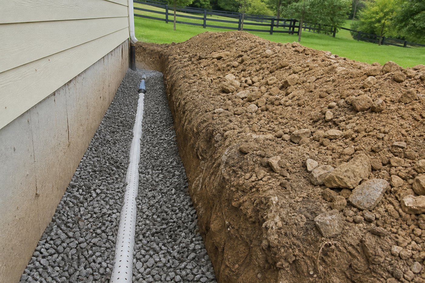 French drain excavation along a foundation in Harlan County, Kentucky