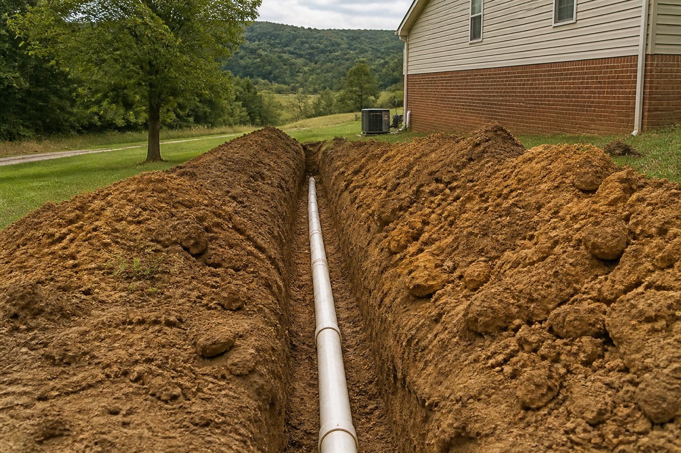 Septic line trenching and PVC pipe install for a Harlan County property